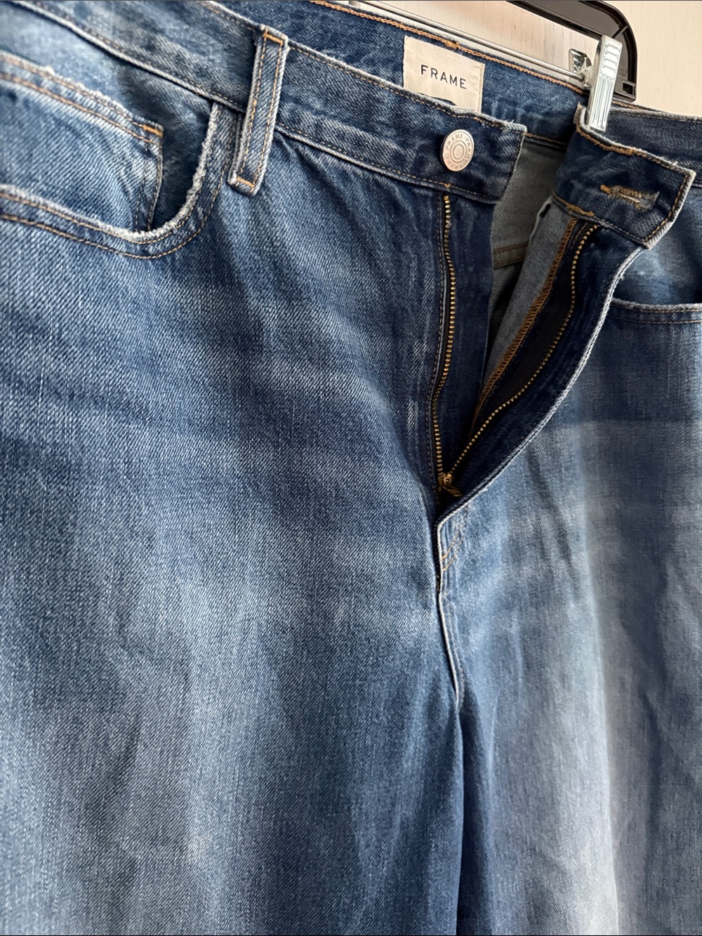 Frame Le Jane Crop High-Rise Raw Fray Hem Straight Leg Denim Jeans Cotton Sz 32 - Picture 7 of 15